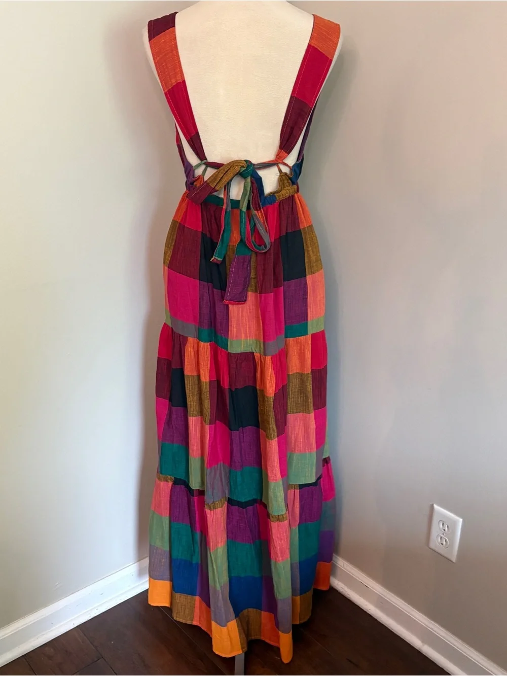 Rujuta Sheth Gema Tiered Maxi Multi-Chex Multicolor Plaid Tie Back Boho Small - Picture 6 of 10